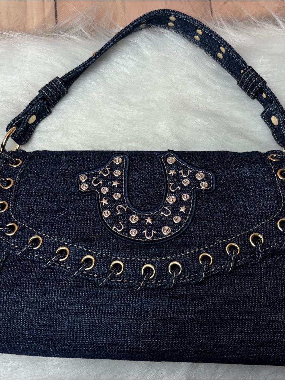 True Religion Navy Denim Studded Shoulder Bag